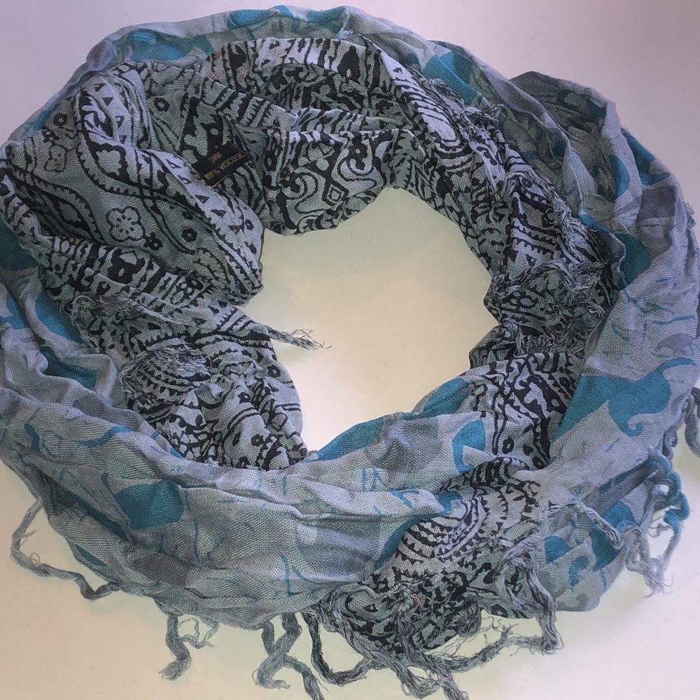 Gray Black and Blue Patterned Fringe Infinity Scarf